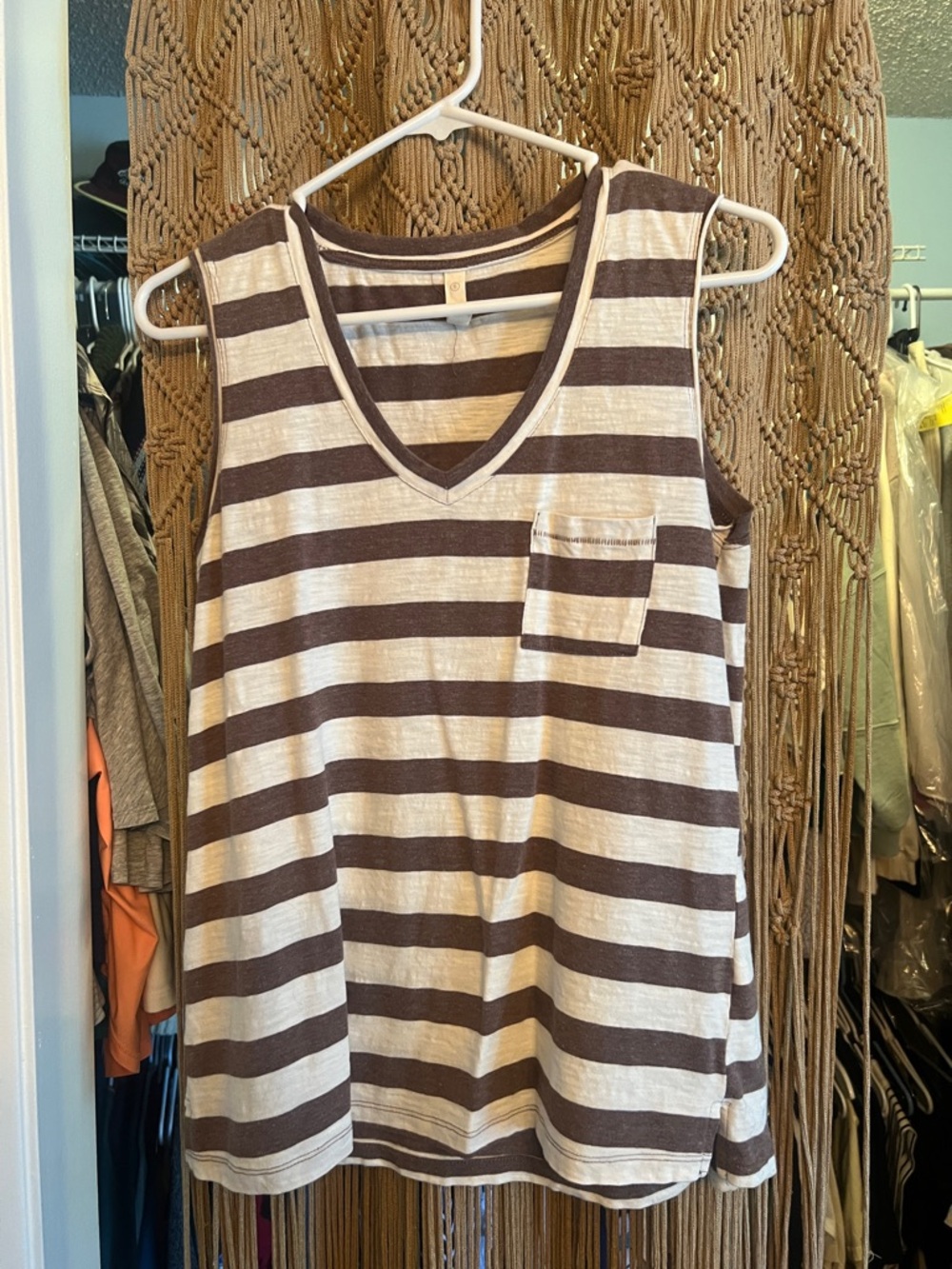Wishlist Brown & Cream Striped V-Neck Tank with Pocket